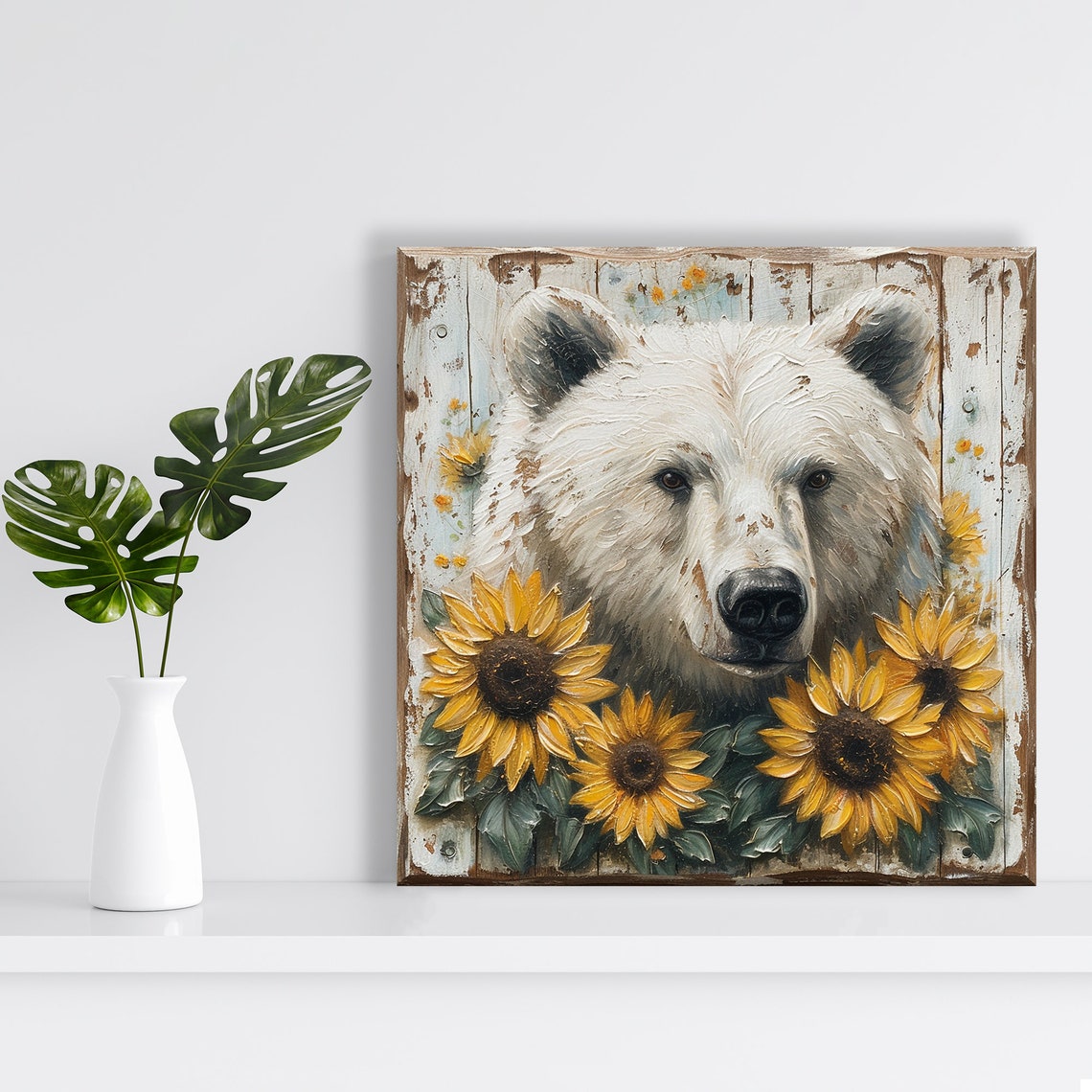 White Polar Bear Face Among Golden Sunflowers Rustic Woodland Poster - Image 2