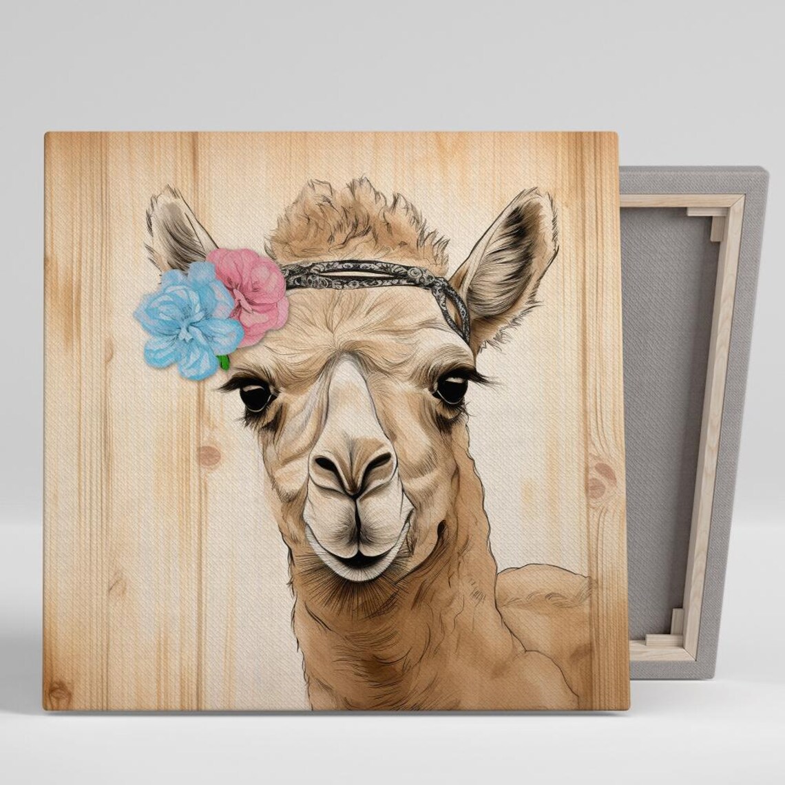 Bohemian Alpaca Flower Crown Smile Wood Background Animal Art Poster