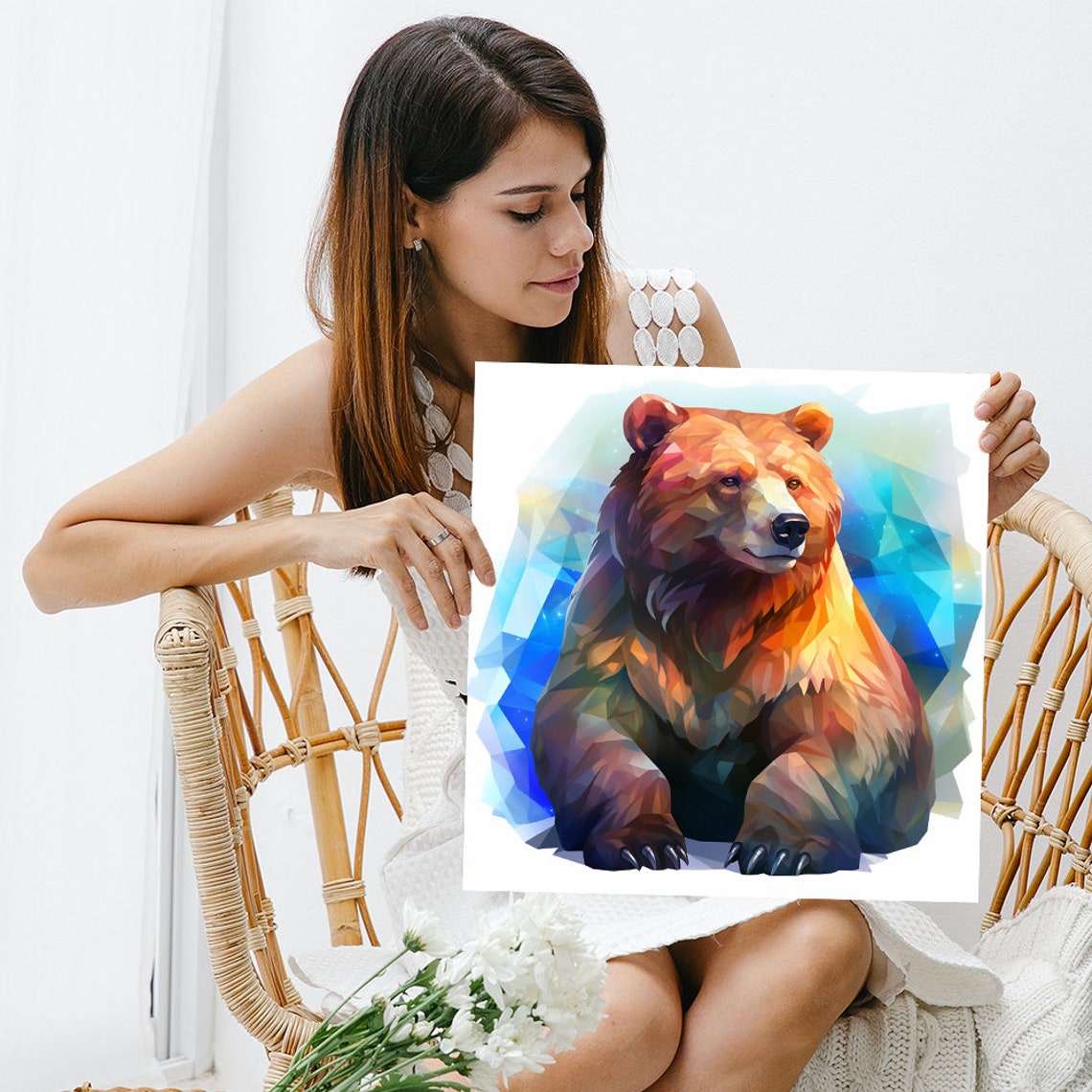 Geometric Low Poly Grizzly Bear Orange Blue Abstract Art Print Poster - Image 3