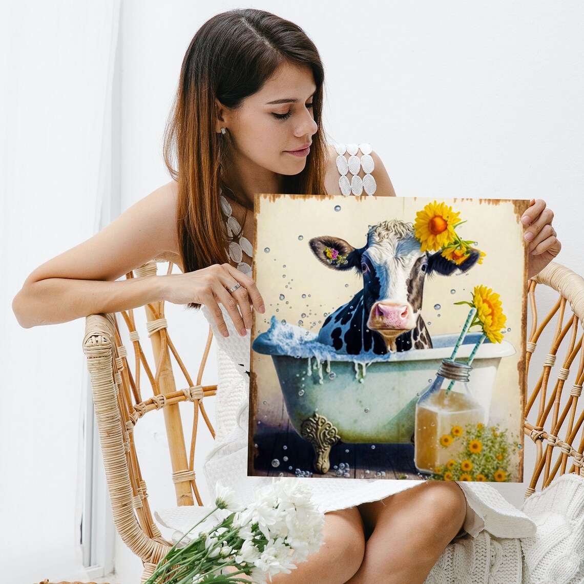 Cow in Bathtub with Sunflower Farm Art Print - Image 3