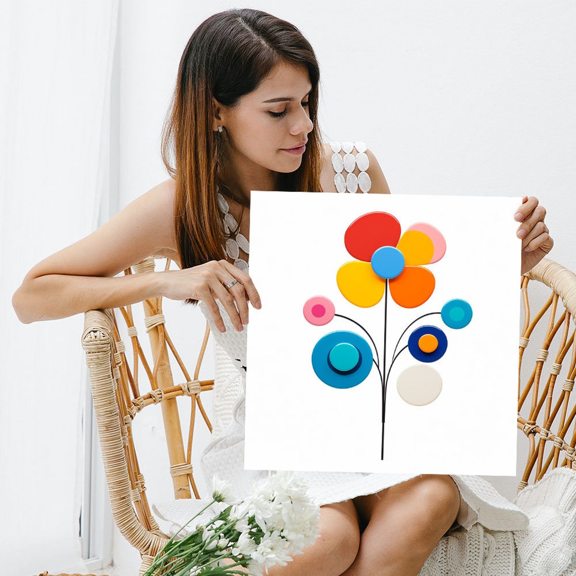 Scandinavian Paper Cut Flowers Round Petals Red Blue Modern Art Poster - Image 3