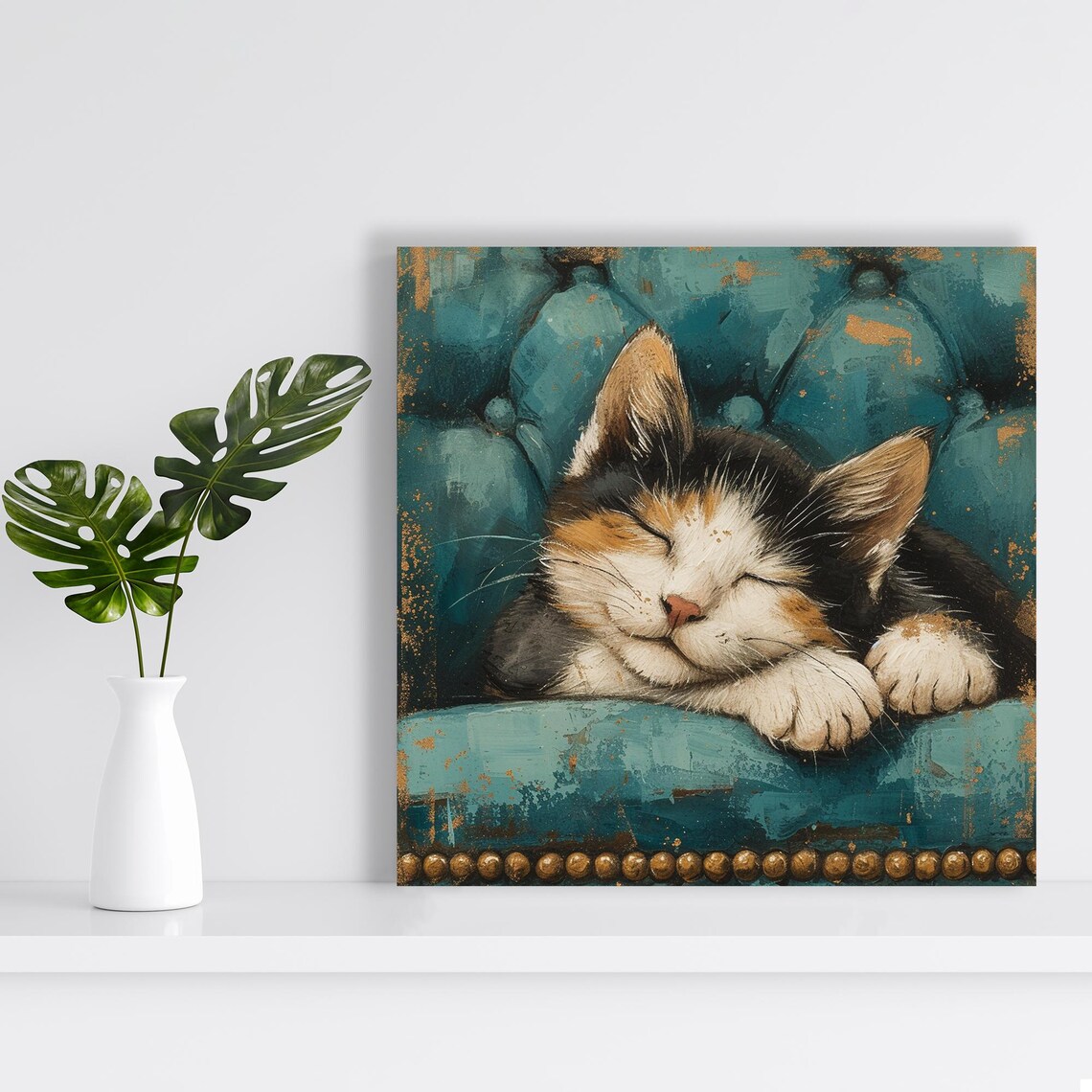 Cozy Calico Slumber, Whimsical Animal Wall Art Print - Image 2