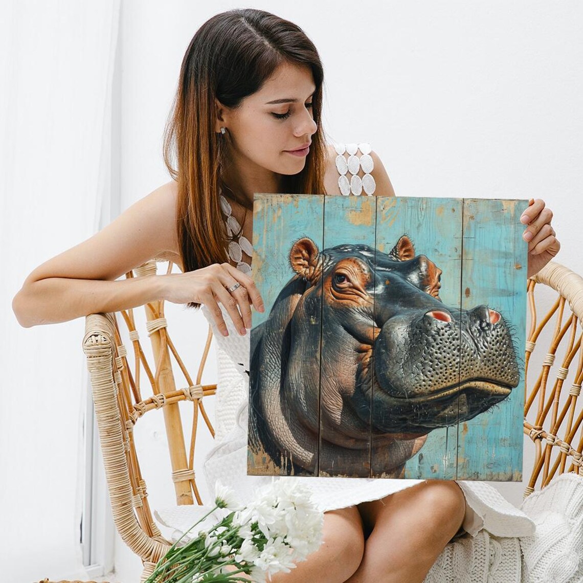 Hippo Close Up Portrait On Weathered Blue Wooden Planks Art Poster - Image 3