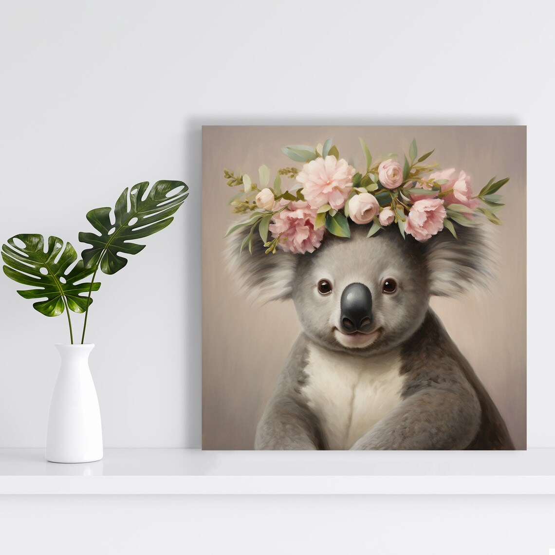 Koala Floral Crown Pink Flowers Soft Pastel Nursery Animal Wall Art - Image 2