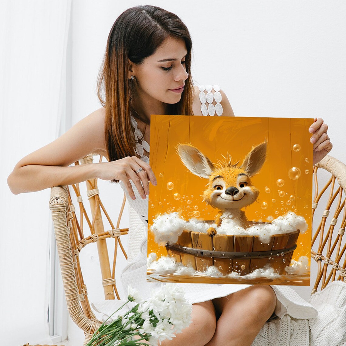 Bunny Bath Time Bubbly Wooden Tub Smiling Cartoon Cute Whimsical Poster - Image 3