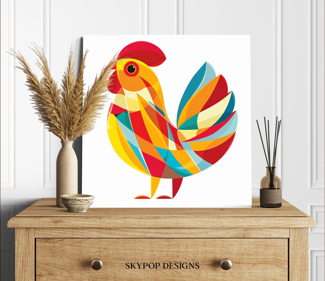 Geometric Rooster Poster Mosaic Stained Glass Colorful Kitchen Decor - Image 2
