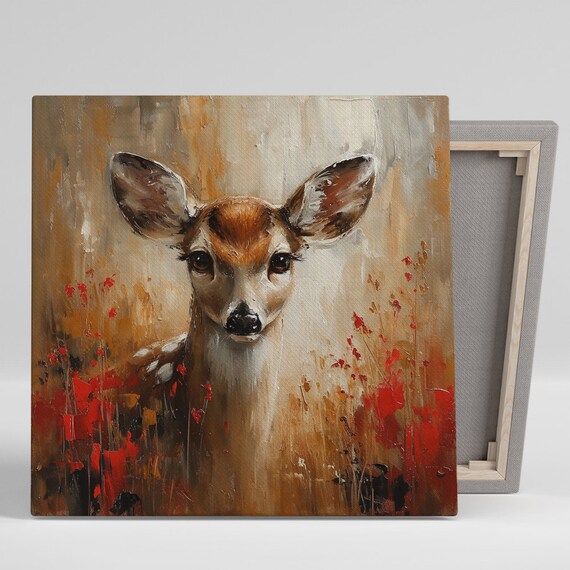 Deer Autumn Foliage Warm Amber Red Painterly Woodland Poster