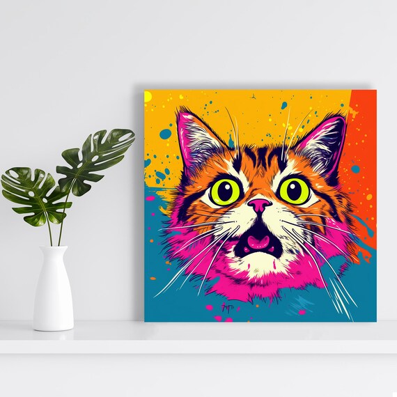 Psychedelic Pop Art Cat Face With Big Green Eyes Bold Colors Poster