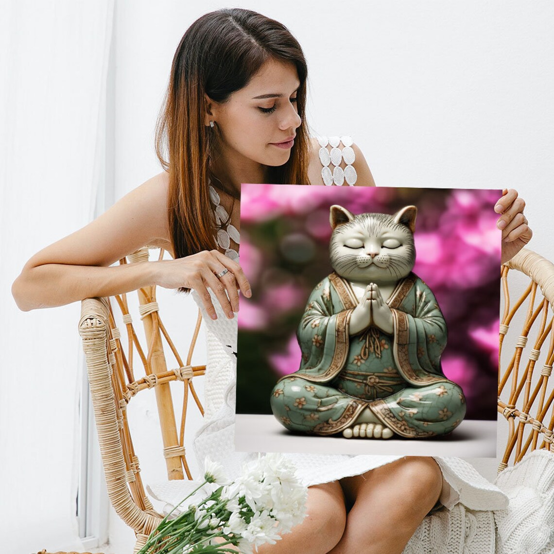 Meditating Cat Buddha Statue Pink Blossoms Zen Spiritual Wall Poster - Image 3