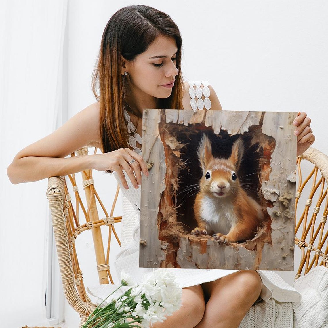 Curious Red Squirrel Peeking From Tree Hollow Nature Painting Poster - Image 3
