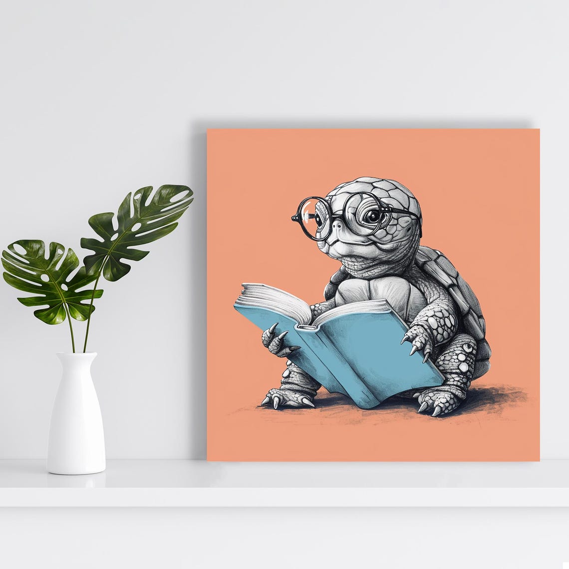 Clever Baby Turtle With Glasses Reading Book Minimalist Art Poster - Image 2