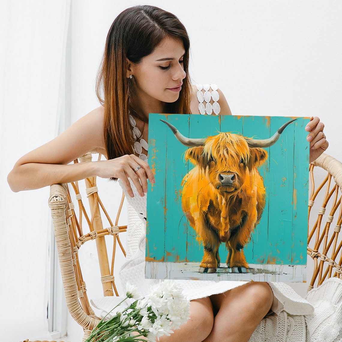 Ginger Highland Cow Rustic Turquoise Barn Wood Farmhouse Poster Print - Image 3