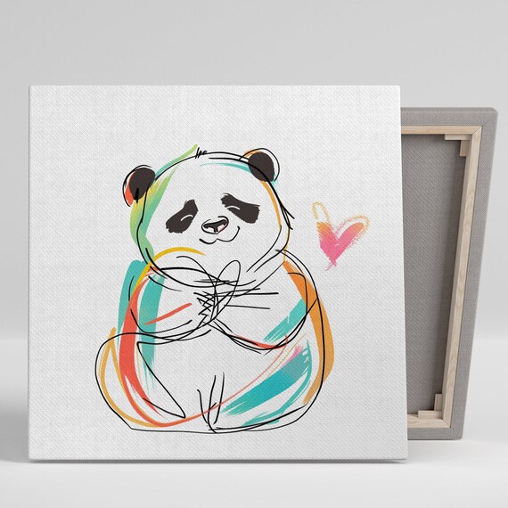 Zen Panda Minimalist Line Art Rainbow Heart Nursery Wall Art Poster