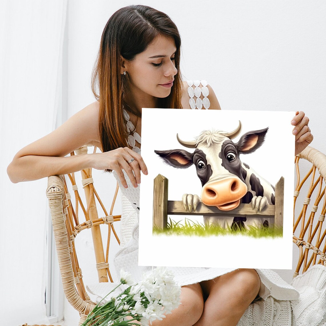 Curious Cow Peekaboo, Whimsical Farmhouse Art Print - Image 3