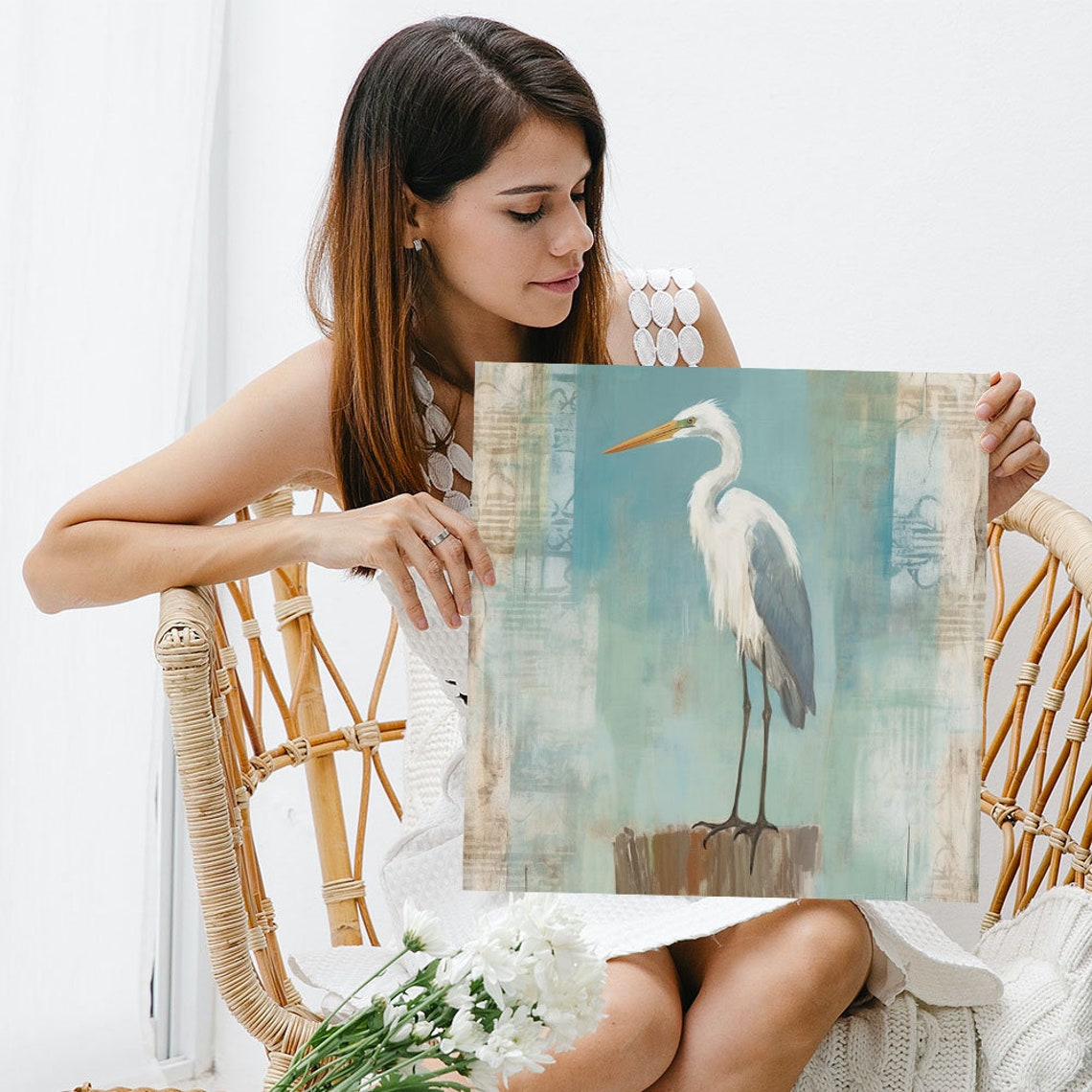 White Egret Standing On Post Soft Coastal Watercolor Bird Wall Poster - Image 5
