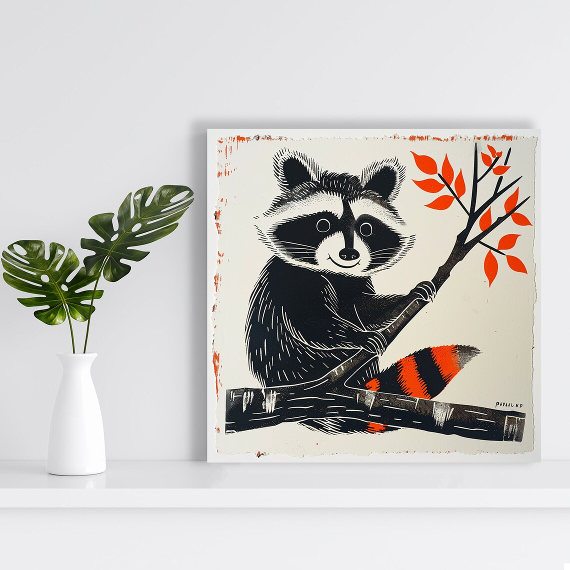 Smiling Raccoon On Branch Autumn Linocut Style Animal Art Poster - Image 2