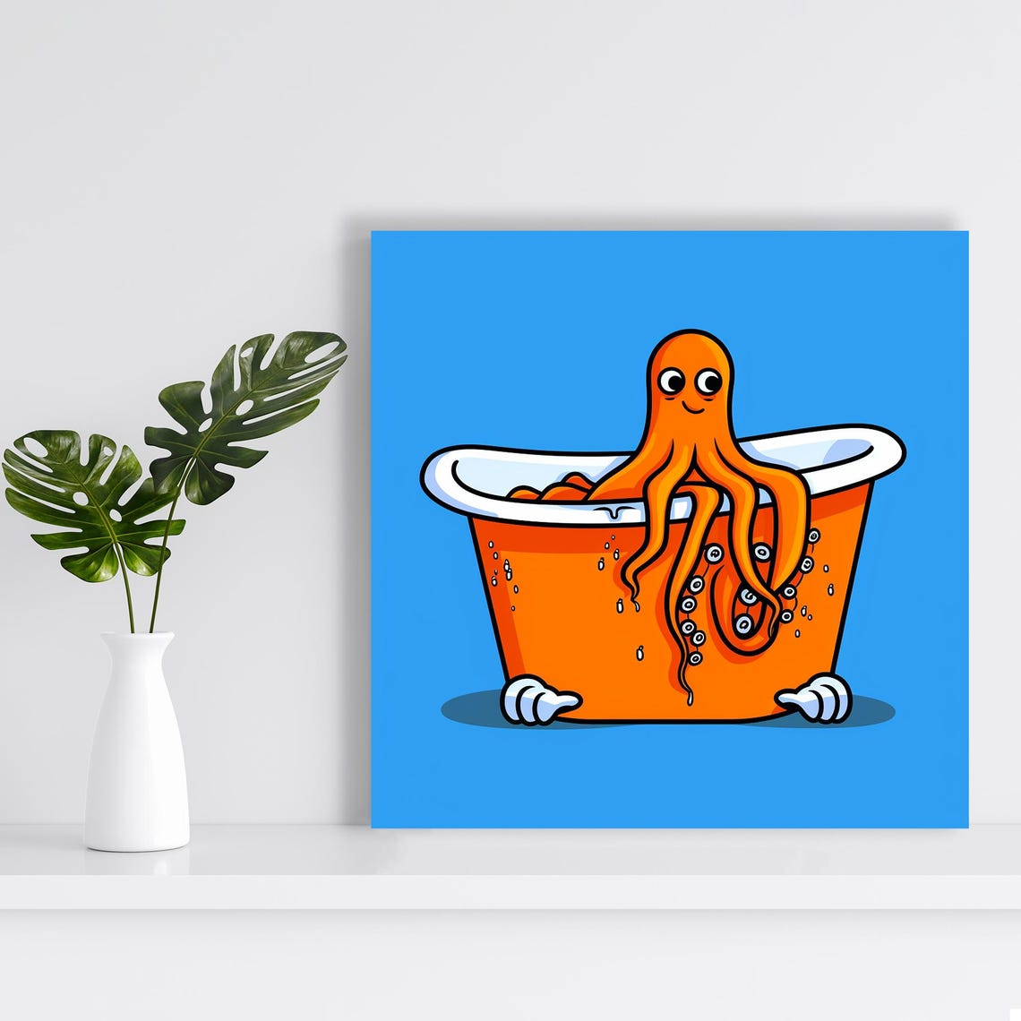 Cute Octopus In Orange Bathtub Funny Cartoon Style Blue Poster - Image 2