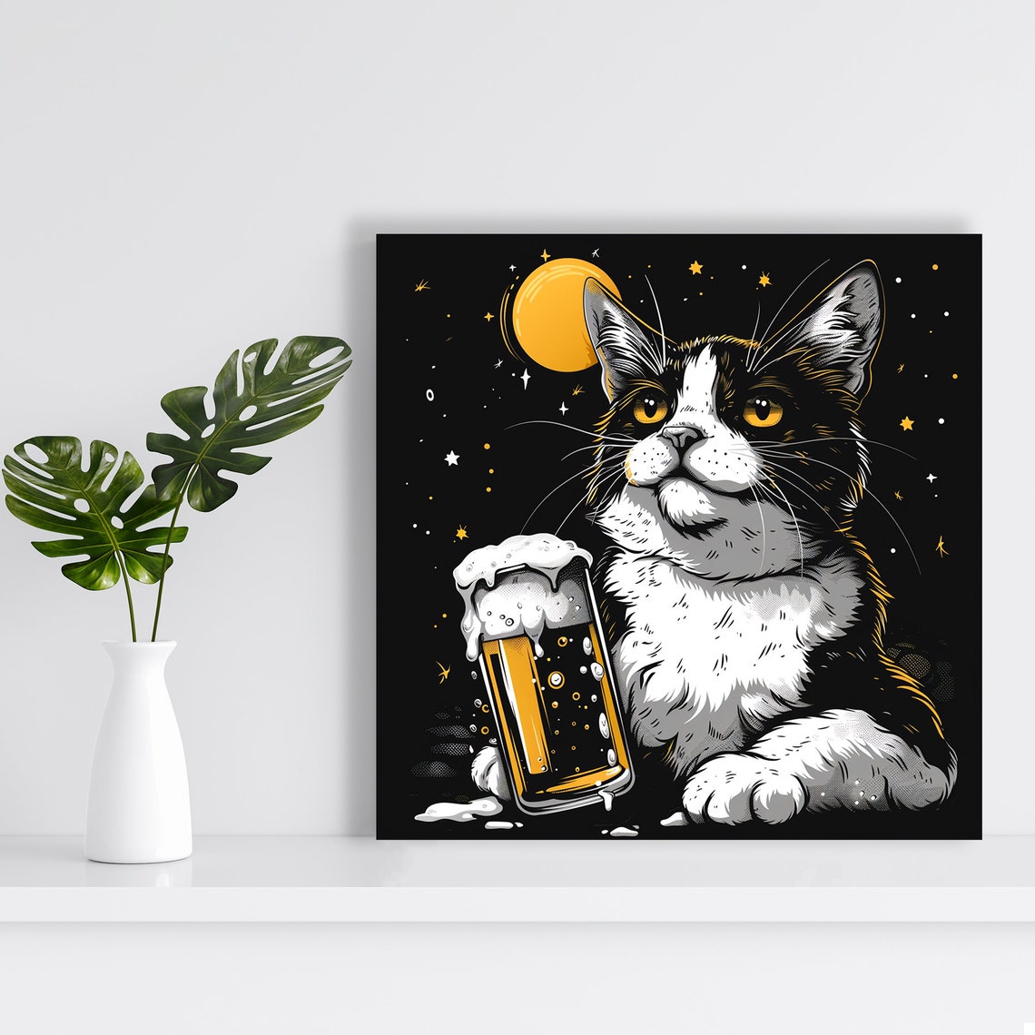 Cat With Beer Under Starry Night Moon Whimsical Bar Room Poster - Image 2