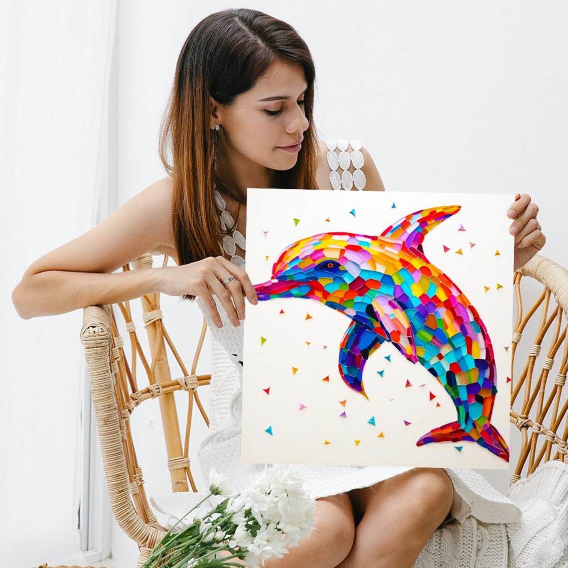 Colorful Mosaic Dolphin Stained Glass Style Art On Cream Poster - Image 3