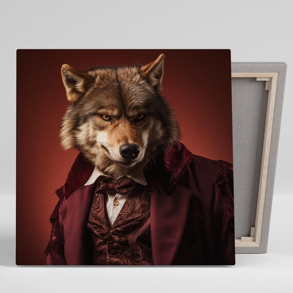 Wolf in Victorian Aristocrat Attire Burgundy Portrait Regal Wall Poster