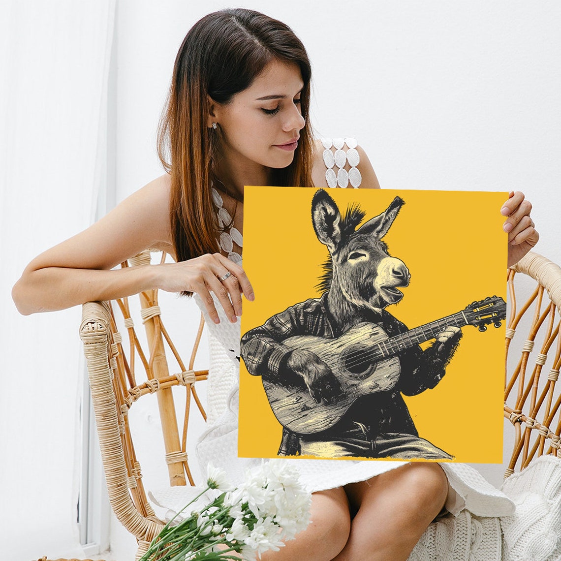 Donkey Playing Guitar Singing Vintage Engraving Mustard Wall Art - Image 3