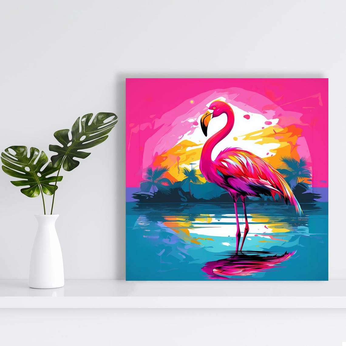 Pink Flamingo Sunset Palm Trees Vibrant Tropical Lagoon Art Poster - Image 2