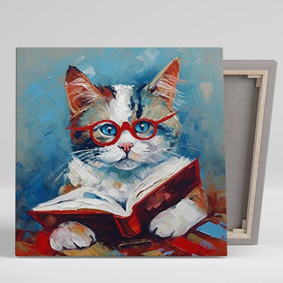 Cat Scholarly Art Or Poster Whimsical Animal Contemporary Decor Office Library Childrens Room Living Room Wall Art Cat Decor