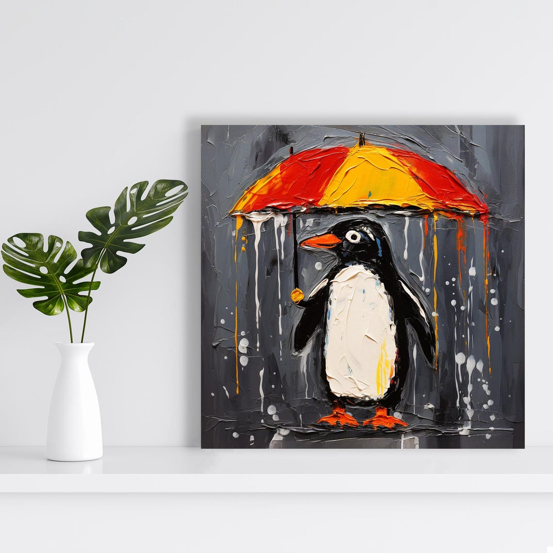 Rainy Day Penguin With Colorful Umbrella Oil Painting Animal Poster - Image 2