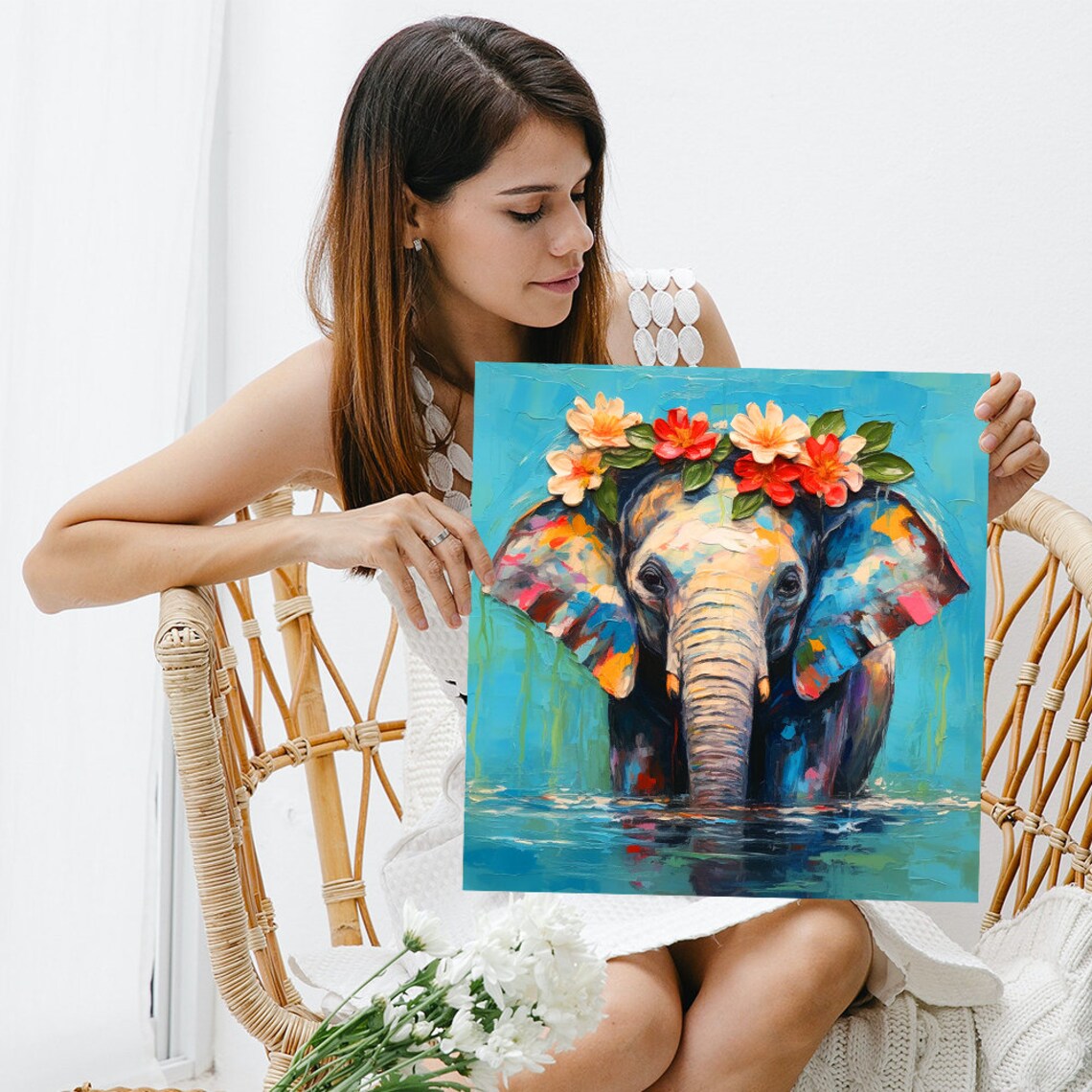 Colorful Elephant With Flower Crown Bathing In Water Bohemian Style Poster - Image 3