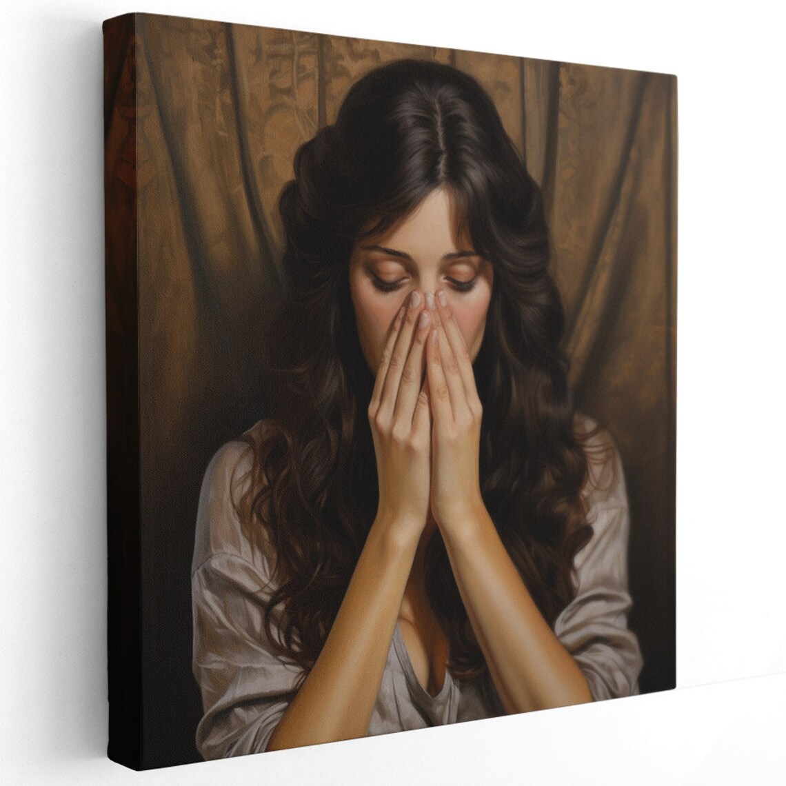 Classical Woman Hands Covering Mouth Vintage Dramatic Portrait Art Poster - Image 2