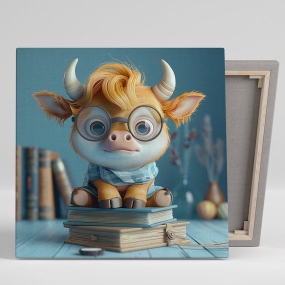 Highland Cow Art Or Poster Whimsical Contemporary Decor Childrens Room Office Library Living Room Wall Art Orange Blue Yellow