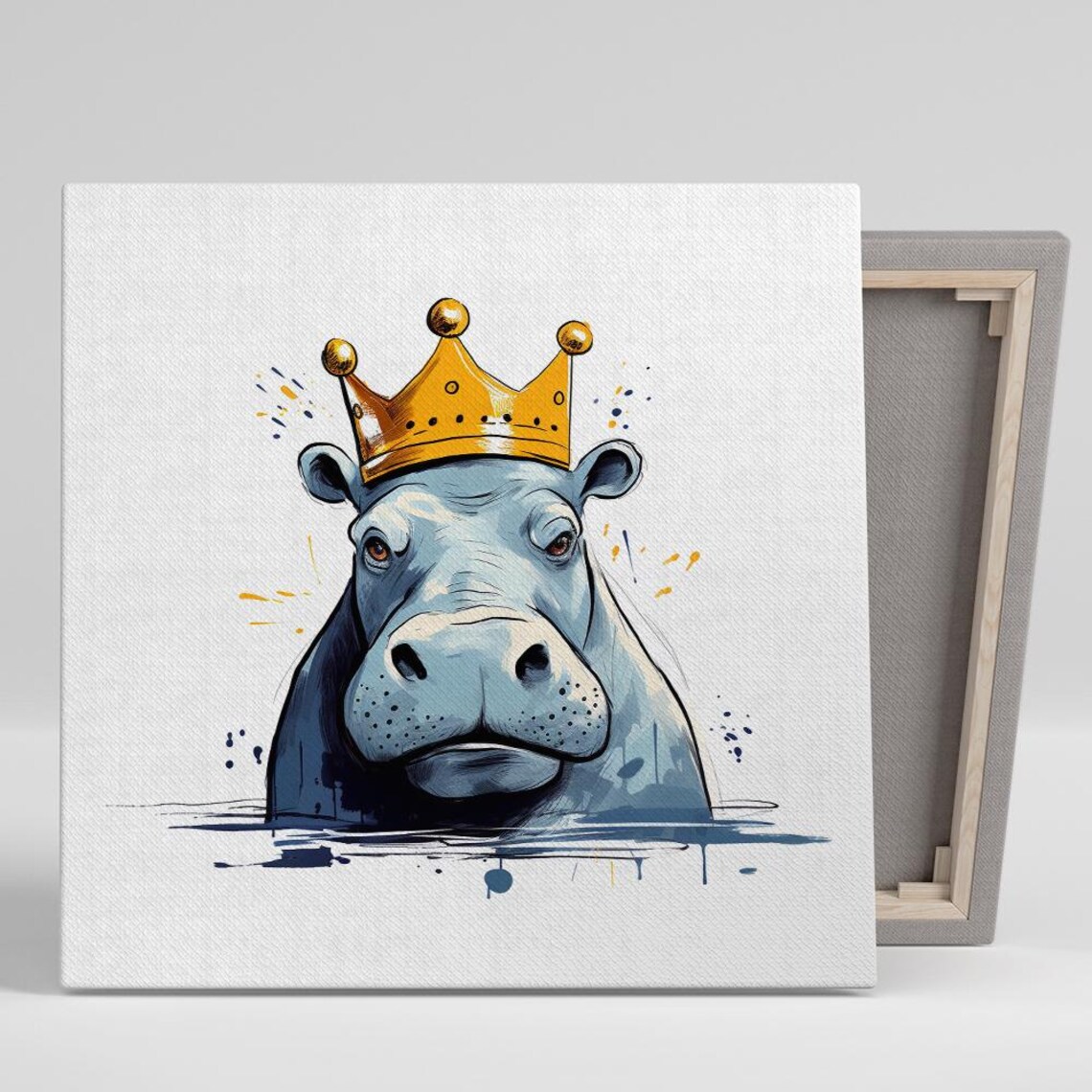 Royal Hippo Splash Art Print, Whimsical Animal Decor