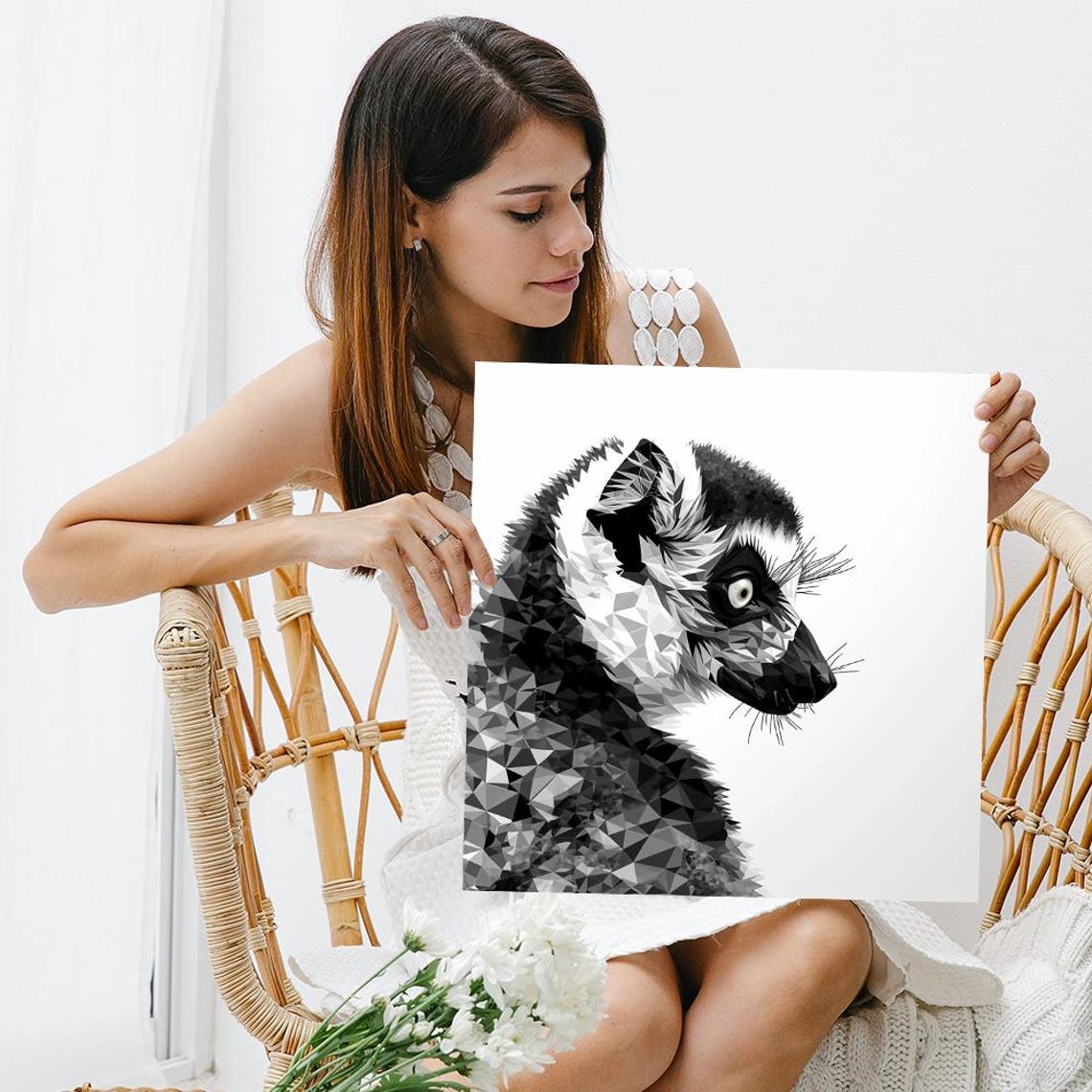 Ring Tailed Lemur Geometric Low Poly Black And White Animal Poster - Image 3