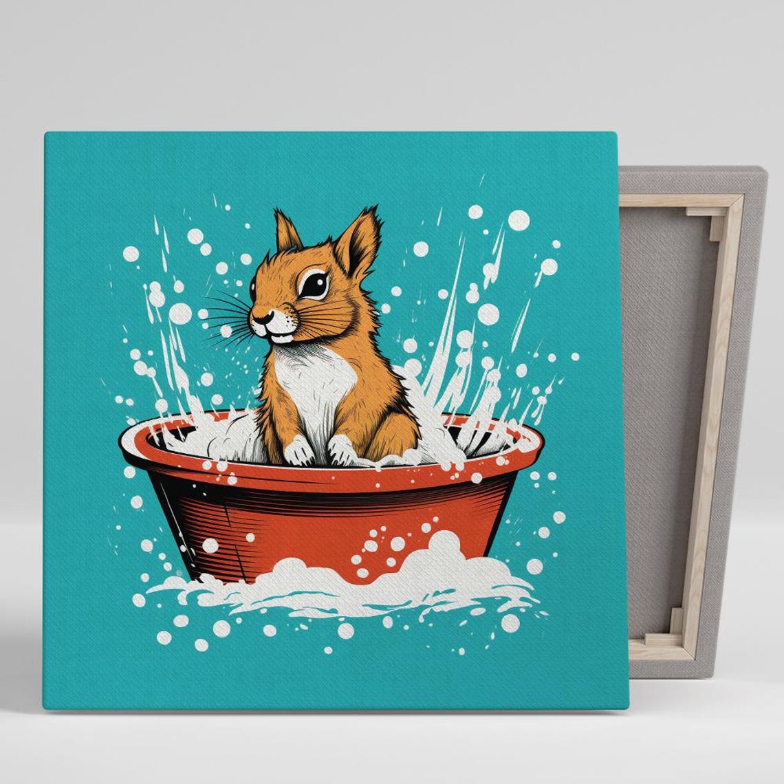 Squirrel Splashing In Red Bathtub Fun Cartoon Bath Time Art Poster