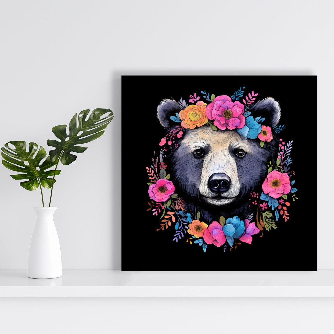 Floral Crown Bear Portrait Colorful Watercolor Blooms Black Art Poster - Image 2