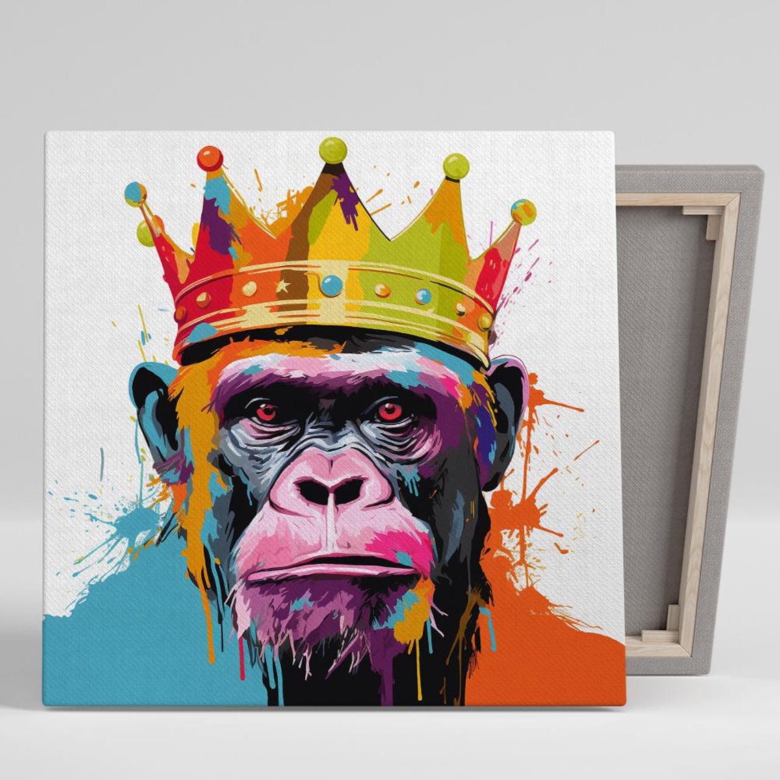 Regal Chimpanzee With Colorful Splash Crown Pop Art Portrait Poster