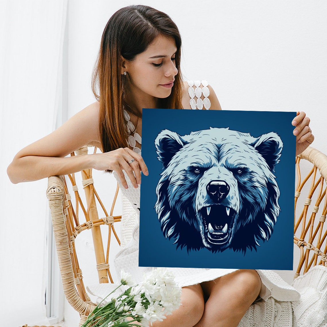 Fierce Roaring Bear Head Navy Blue Bold Modern Wildlife Wall Poster - Image 3