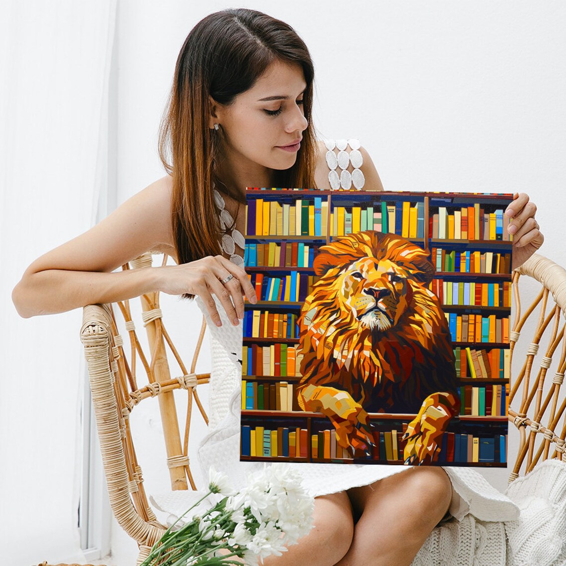 Majestic Lion in Library Among Colorful Bookshelves Wall Art - Image 3