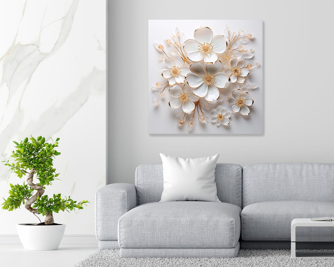 White And Gold Flower Botanical Wall Art Print - Image 2