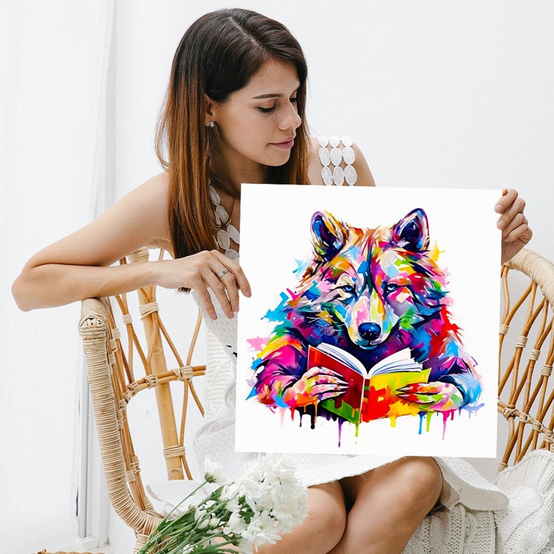 Rainbow Wolf Reading Book Colorful Watercolor Fun Book Lover Art Poster - Image 3