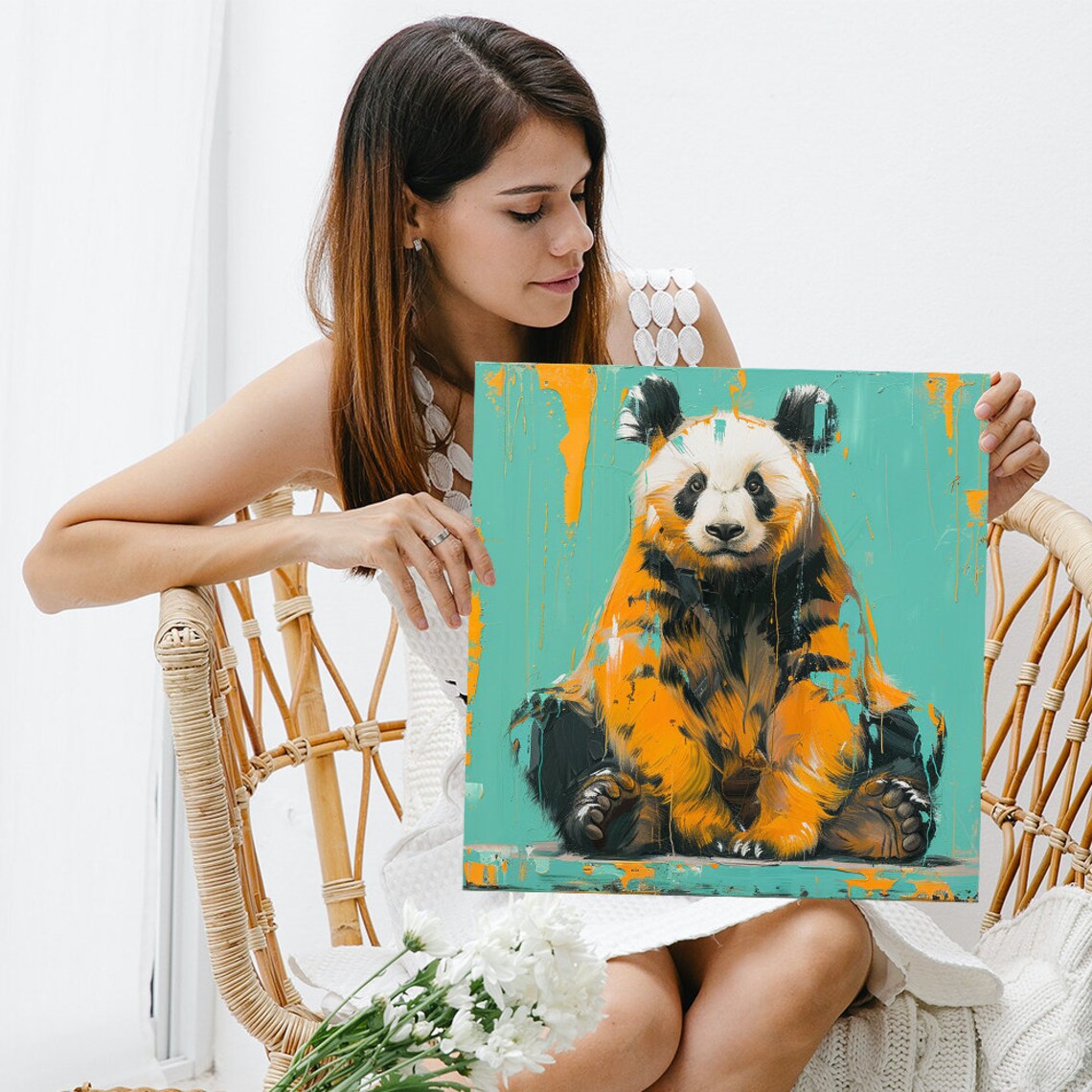 Abstract Panda Splash Orange Teal Paint Modern Urban Wildlife Poster - Image 3