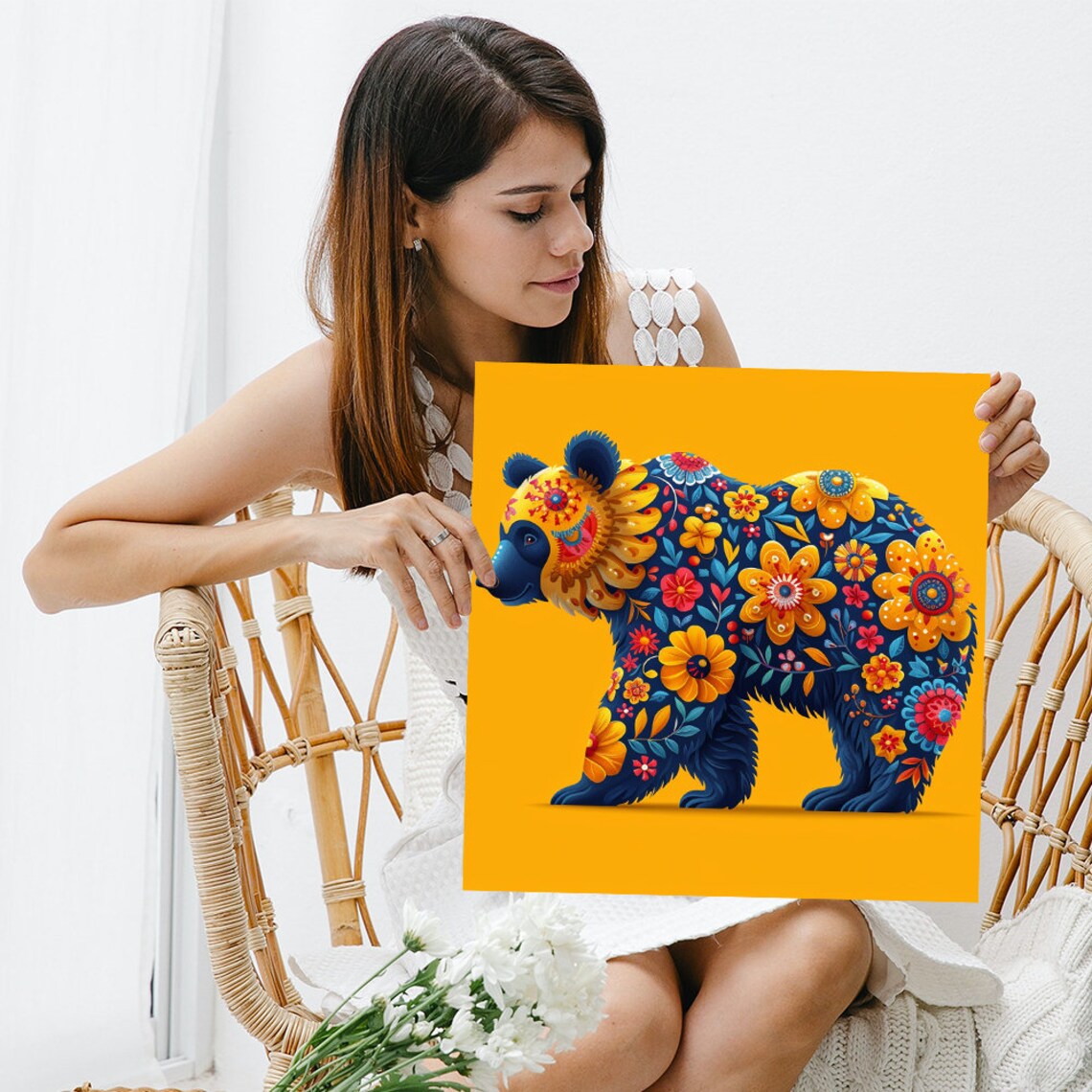 Floral Bear Fantasia Art Or Poster Whimsical Decor Living Room Childrens Room Bedroom Office Wall Art Blue Yellow Orange Red - Image 3