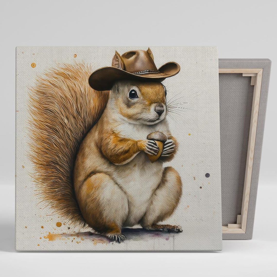 Squirrel Wearing Cowboy Hat Holding Acorn Watercolor Humor Poster
