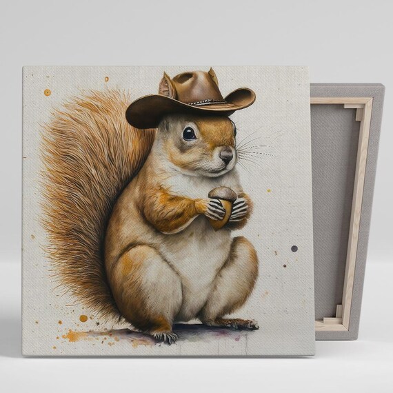 Squirrel Wearing Cowboy Hat Holding Acorn Watercolor Humor Poster
