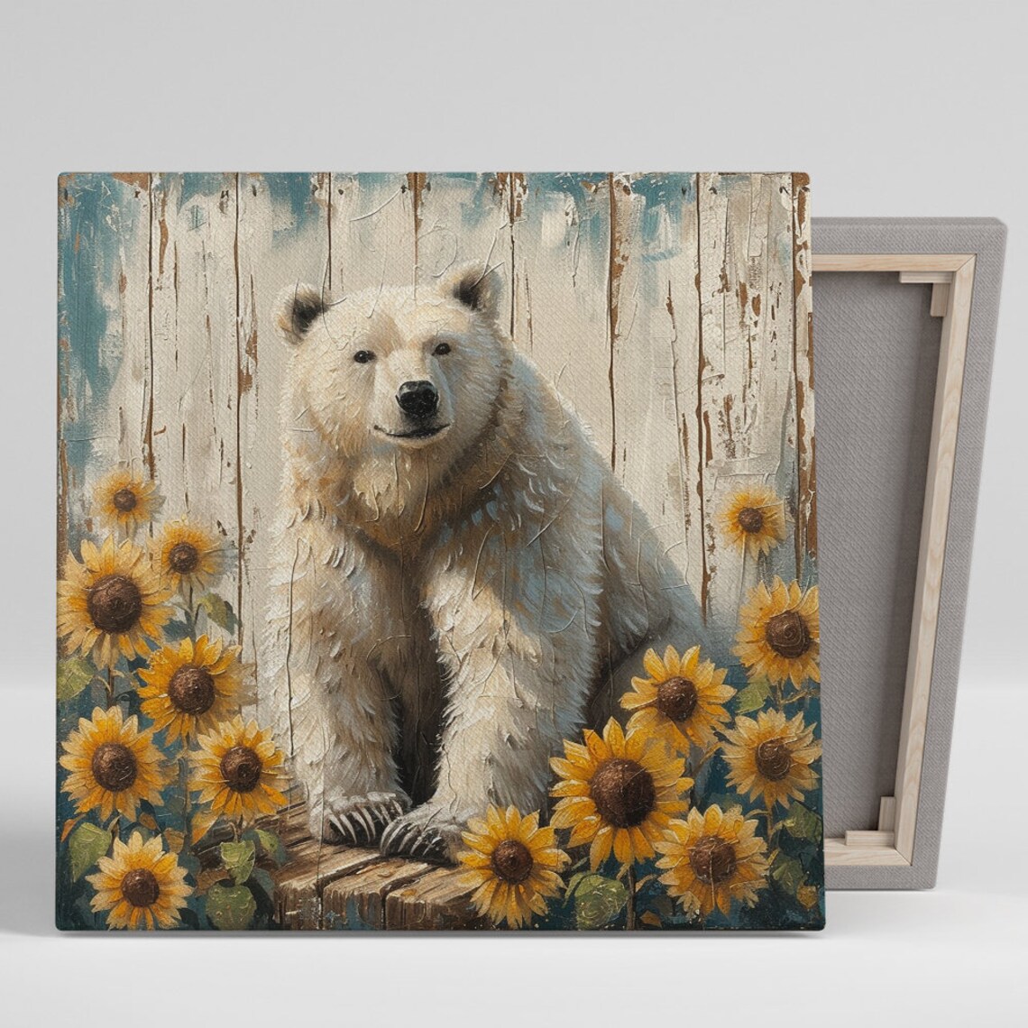 Polar Bear with Sunflowers Rustic Farmhouse Woodland Animal Wall Art