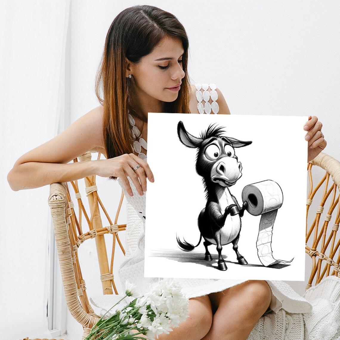 Donkey With Toilet Paper, Funny Bathroom Art Print - Image 3