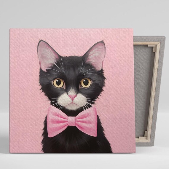 Dapper Black Cat Pink Bow Tie Cute Nursery Kitten Portrait Art Poster