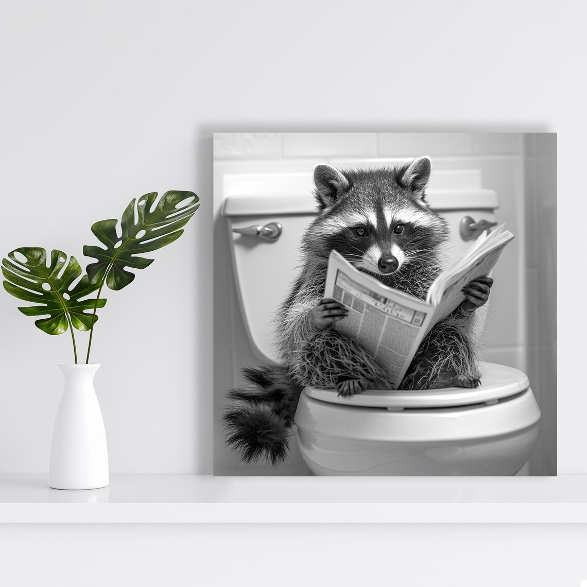 Funny Raccoon Reading Newspaper On Toilet Black White Humor Poster - Image 2