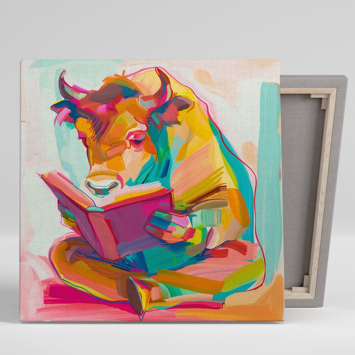 Whimsical Cow Reading Book Colorful Abstract Pastel Literary Wall Poster
