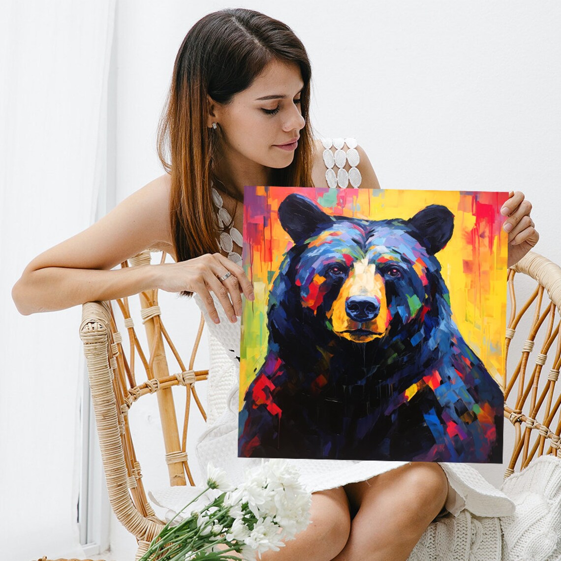 Bear Portrait Vibrant Colorful Brushstrokes Modern Wildlife Animal Wall Art - Image 3